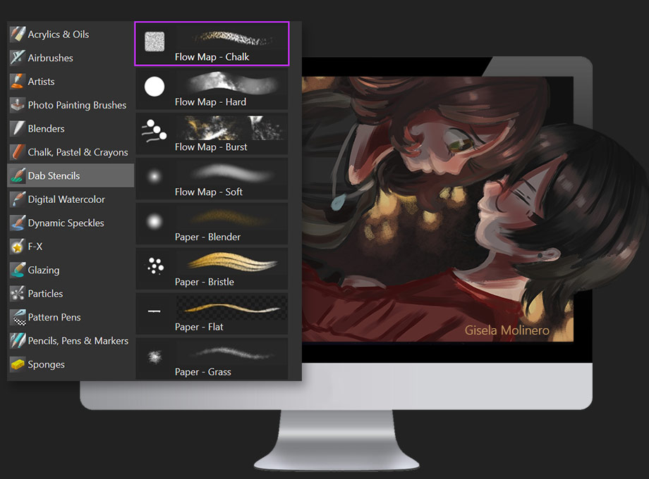  An iMac with screen showing two girls smiling at each other. In front of the iMac is a menu of Painter Essentials 7  